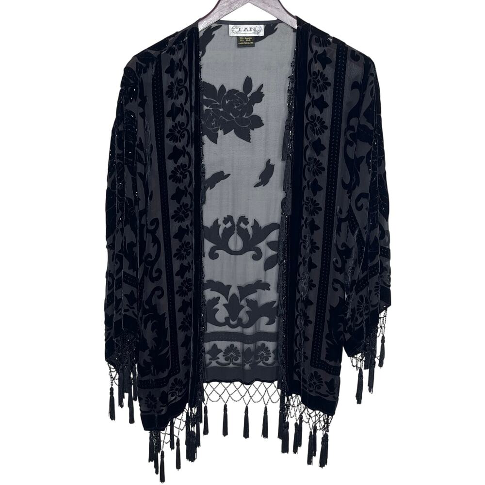 Vintage Black Silk Blend Burnout Velvet Kimono Cardigan Bead Tassel Fringe Boho